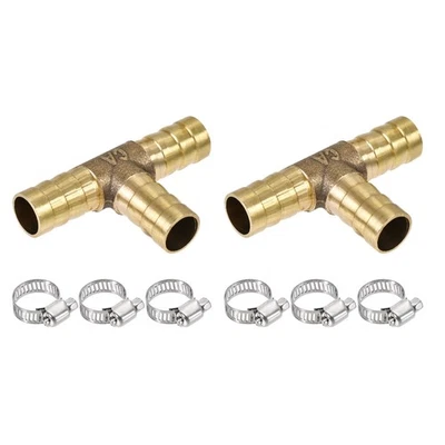 Barb Hose Fitting 10mm OD Tee T Shape Connector Brass 2X w 6X 6-12mm Hose Clamp - Image 1 of 4