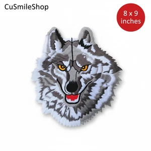 Large Bold Striking Grey Wolf Head with Orange Eyes Embroidered Patch 8 x 9 Inch - Picture 1 of 3