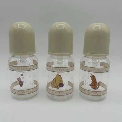 迪士尼经典小熊维尼婴儿奶瓶4盎司 3件套硅胶奶嘴带盖复古2003 — 第 1/4 张图片
