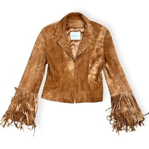 Vintage Brown Western Leather Jacket Frilled Sleeves Suede Size UK 8 Cropped zip - Picture 1 of 11