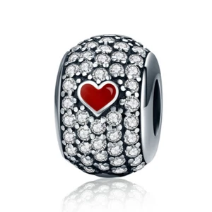 LOVE HEART POKER STYLE CUBIC ZIRCON 925 STERLING SILVER CHARM FOR BRACELET - Picture 1 of 8