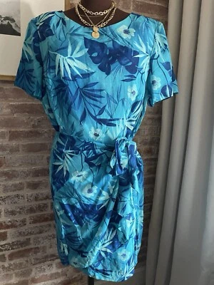VTG John Roberts Blue Tropical Floral Print Wrap Dress Short Sleeve Size 16W - Image 1 of 4