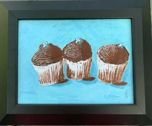 Original Painting Art 3 Cupcakes on Blue Signed 9x12 Impasto Canvas Board SISTAK - Picture 1 of 11
