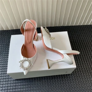 Amina Muaddi Sunflower Rhinestone Silk Pointed Heels, Wedding Banquet Sandals - Picture 1 of 27