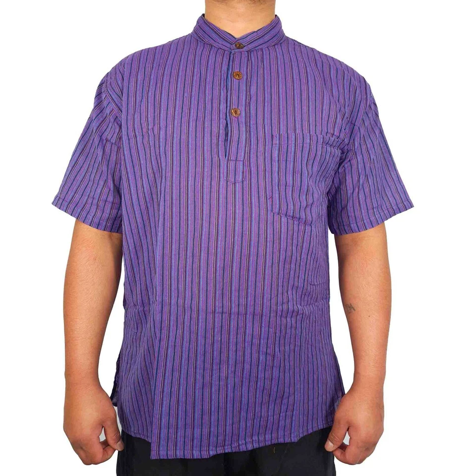 Mens Purple Kurta Striped T Shirt Half Sleeve Indian Clothing Hippie Ethnic - Image 1 of 1