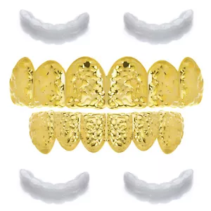 Nugget GRILLZ SET Hip Hop Gold Plated Top Bottom Cap Teeth LS 616 G 2 extra Bar - Picture 1 of 4