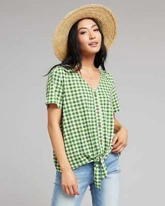 Downeast Ella Gingham-Top XS grün UVP 48 $ Baumwoll-Modal-Mischung vorne zum Binden - Bild 1 von 12
