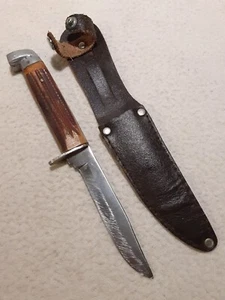 Bone Handle Y.C.C Japan Small Bird Fish Hunting Knife W Leather Sheath - Picture 1 of 9