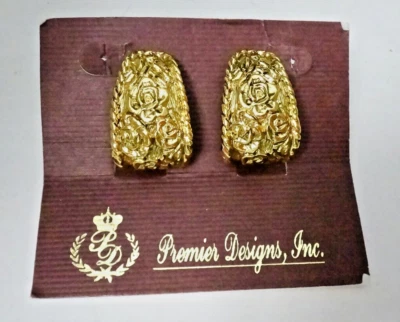 Premier Designs Gold Tone Earrings, Barcelona 3805, Ornate Roses, Clip-ons, NOS - Image 1 of 4