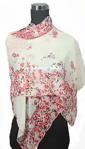 Elegante sciarpa oblunga fatta a mano avvolgente in chiffon con splendido motivo floreale, avorio/rosso - Foto 1 di 3