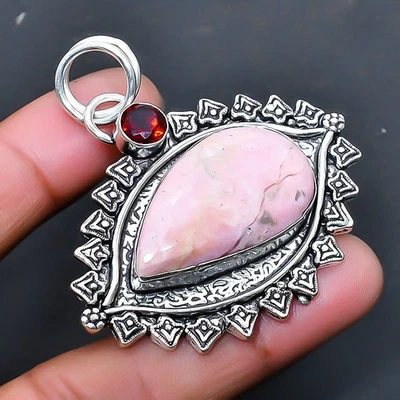 Pink Opal, Garnet Gemstone Handmade Jewelry Pendant 1.96" G287 - Image 1 of 3