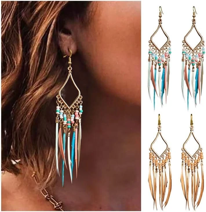 Bead Earrings Set Feather Tassel Gold Boho Ethnic Retro Bohemian Dangle...  - Image 1 of 4