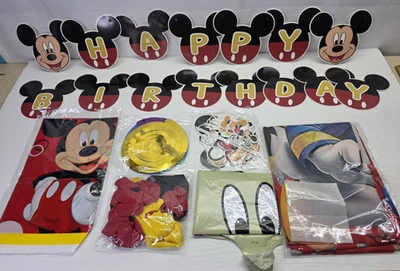 Kit de fiesta de cumpleaños de Mickey Mouse pancarta telón de fondo adornos para pasteles globos remolinos etc. Foto 1 de 4