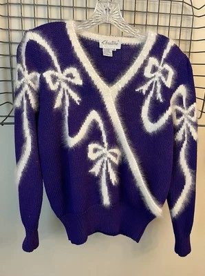 Suéter De Colección Christine Púrpura y Blanco Aspecto Envolvente Joyas Años 80 Talla M Con Angora Foto 1 de 4