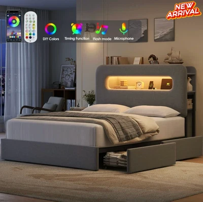 Marco De Cama Queen Plataforma Con Almacenaje Cabecera Tapizada De Lino LED Luz - Image 1 of 4