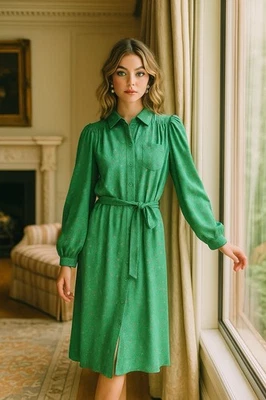 Vintage 70s Schrader Sport Belted Midi Dress Womens 2XL Green Polka Dot Preppy - Image 1 of 4