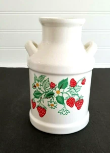 White Ceramic Milk Jug 6" Crock 2 Handles Painted Strawberries Taiwan - Picture 1 of 10