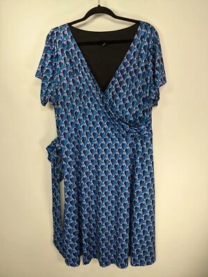 Moda Vestido Acampanado Jersey Geométrico Azul Bug Cuello en V Talla 1X con Cinturón Foto 1 de 4