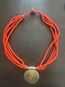 Reduziert : Korallenfarbige Perlenkette  Ca 54Cm Messing Anhänger Navajo Shop - Bild 1 von 3