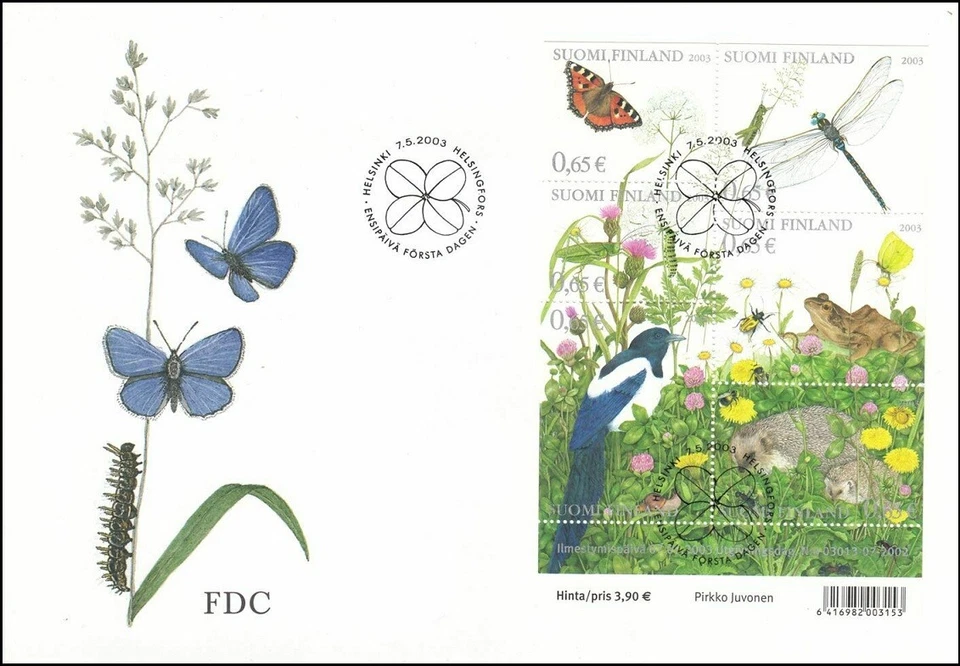Hedgehog Frog Magpie Insects Butterfly Dragonfly Finland Sheet Mint FDC 2003 - Image 1 of 1