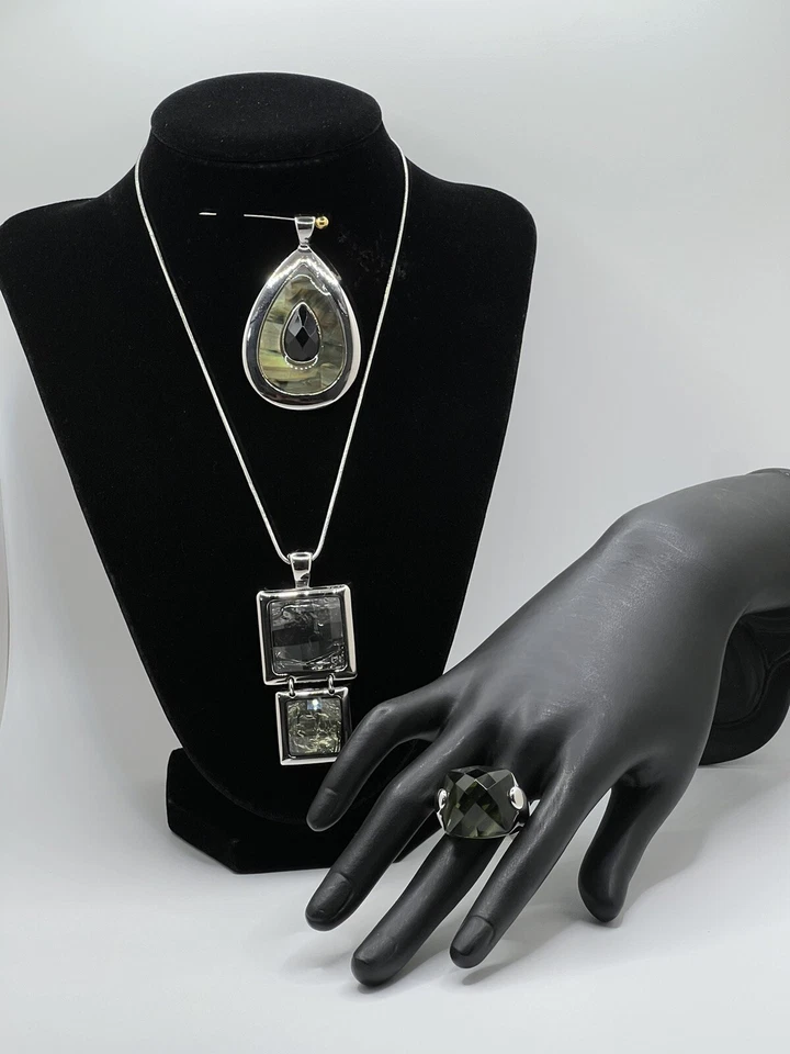 Lot Of 4 Lia Sophia 1 Chain 2 Pendants 1 Ring NWT Sz. 10 Silver Tone Black/Green - Image 1 of 4