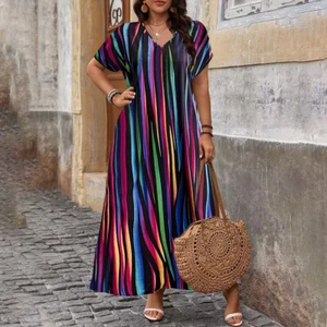 Plus Size Women Print T-Shirt Dress Ladies Short Sleeve V-Neck Casual Maxi Dress - Picture 1 of 22