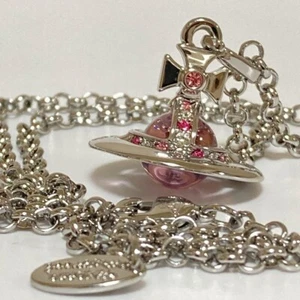 Vivienne Westwood Tiny ORB Necklace Pink Silver 2.3cm Pendant with drawstring - Picture 1 of 7