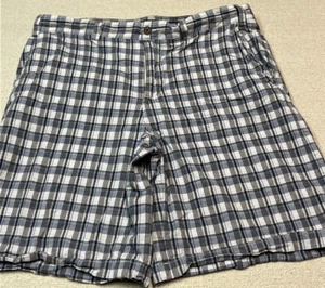 Geoffrey Beene Flat Front Shorts Men Size 34/10 Blue Plaid Bermuda Casual Relax - Picture 1 of 24