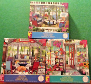 Lot-3 Tracy Flickinger 300 Large Piece Ceaco Puzzle-Flower Shop. Cabin, Gazebo