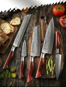 Damastmesser Set mit Palisander Holzgriff (5 Messer), Küchenmesser, Geschenk - Bild 1 von 6