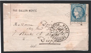 FRANCE Cover *PAR BALLON MONTE* 1870 PARIS SIEGE Air Mail BALLOON Dieppe Z05b - Picture 1 of 11