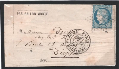 FRANCE Cover *PAR BALLON MONTE* 1870 PARIS SIEGE Air Mail BALLOON Dieppe Z05b - Image 1 of 4
