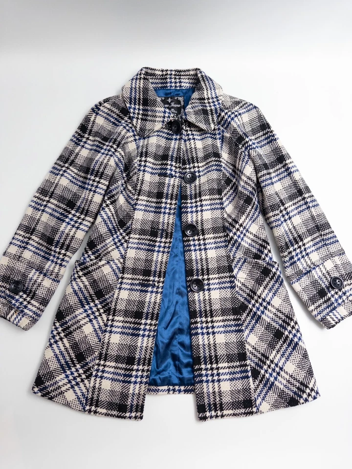 Abrigo Guess Jeans Mujer XS Cuadros Negro Blanco Abotonado Chaquetón Lana Poliéster Foto 1 de 4