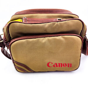 Canon Camera Bag Beige Brown Leather Canvas 3 Zip Pockets Strap Retro S-1 TN