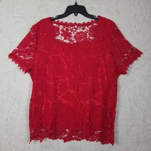 Womens XL Red Crochet Roses Lace Top Lined Office Careercore Elegant - Picture 1 of 12