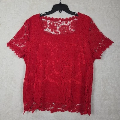 Womens XL Red Crochet Roses Lace Top Lined Office Careercore Elegant  - Image 1 of 4