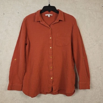 Anne Klein Mujer Abotonada Naranja Quemado 100% Algodón Rollo Tab Manga 0522 Foto 1 de 4