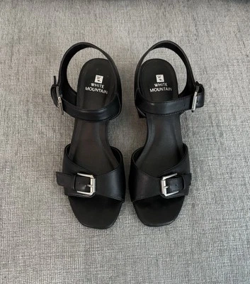 NEW White Mountain Faux Leather Block Heel Sandals Black Size 6.5W - Image 1 of 4