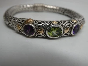 BJC SAMUEL B. BENHAM Sterling 925 & 18K YG Amethyst Peridot Bracelet Sz. 7.5" - Picture 1 of 8