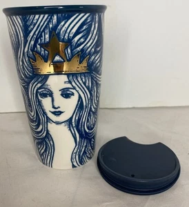 Starbucks 2016 Blue Mermaid Siren Gold Crown Travel Tumbler Mug Cup 12 oz Ltd Ed - Picture 1 of 6