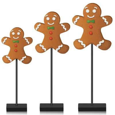 3 Pcs Christmas Wooden Gingerbread Man Table Decor, Tall Standing Centerpiece - Image 1 of 4