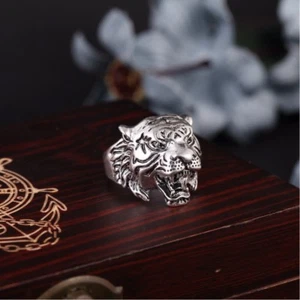 3D Edelstahl Ring Tiger Panthera tigris Biker Kelten Mittelalter Gothic Silber - Picture 1 of 12