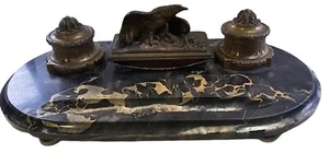 19th Century French A. MARIONNET Black Marble & Brass Inkwell & Ink Blotter - Picture 1 of 8
