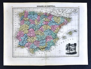 1877 Migeon Map Spain Portugal Madrid Lisbon Barcelona Europe Alhambra Santiago - Picture 1 of 3