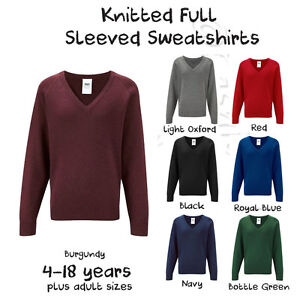 Boys Girls School Jumper Knitted Sweatshirt V Neck Ages 4-18 + Adult Sizes