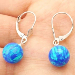 14K Solid White Gold 9mm Ball Shaped Blue Fire Opal Leverback Dangle Earrings - Picture 1 of 5