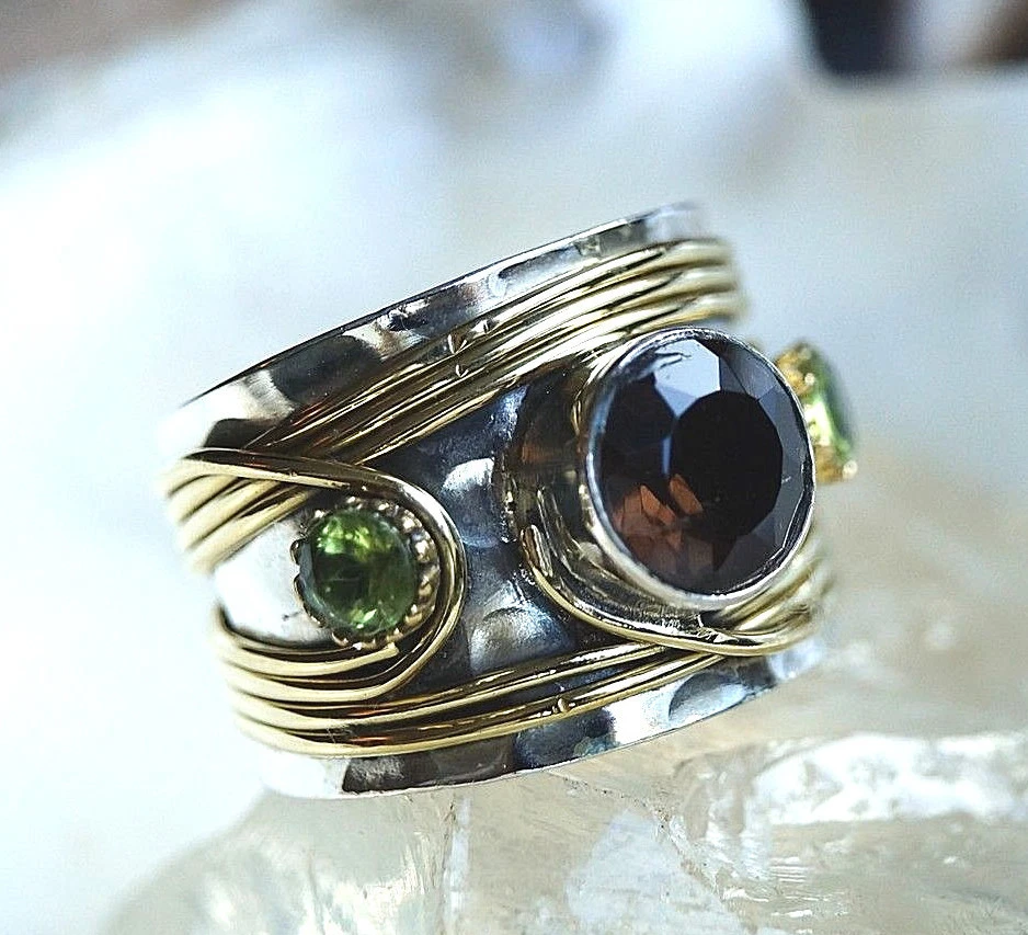 Silberring 57 Handarbeit Rauchquarz Peridot Silber Ring Antik Vintage Verspielt - Bild 1 von 1
