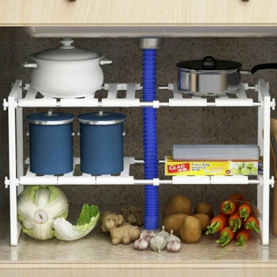 2 Tier White Shelf Organizer Under Sink Storage Space Saving Tidy Rack Cupboard - Image 1 of 4