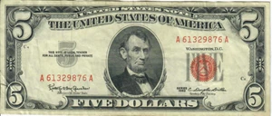 1963 5$ United States Note - Red Seal Right, KOG/CDD A61329876A - #13558 - Picture 1 of 2