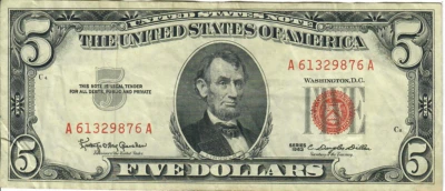 1963 5$ United States Note - Red Seal Right, KOG/CDD A61329876A - #13558 - Image 1 of 2